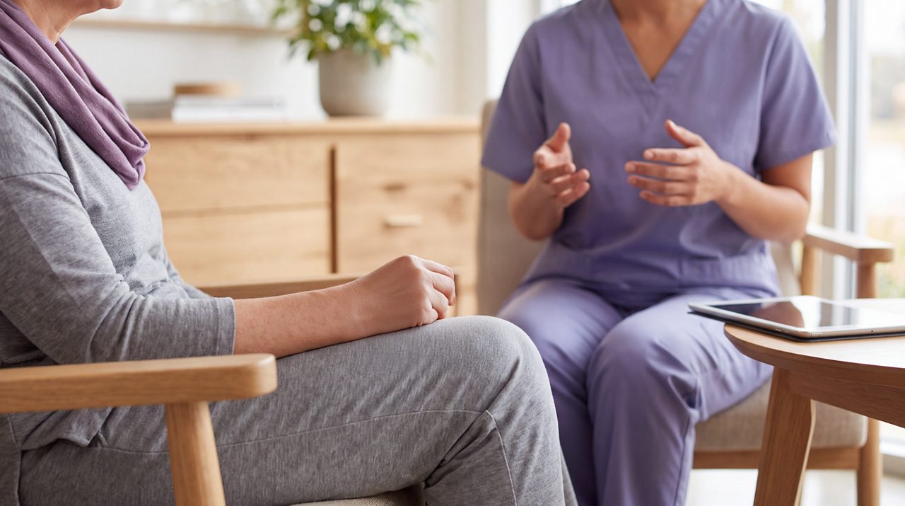 AI generated image of nurse and female cancer patient seated in discussion.
