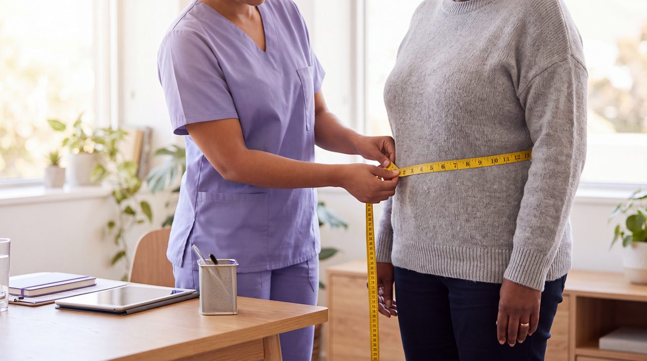 AI generated image of nurse measuring waist of female cancer patient.