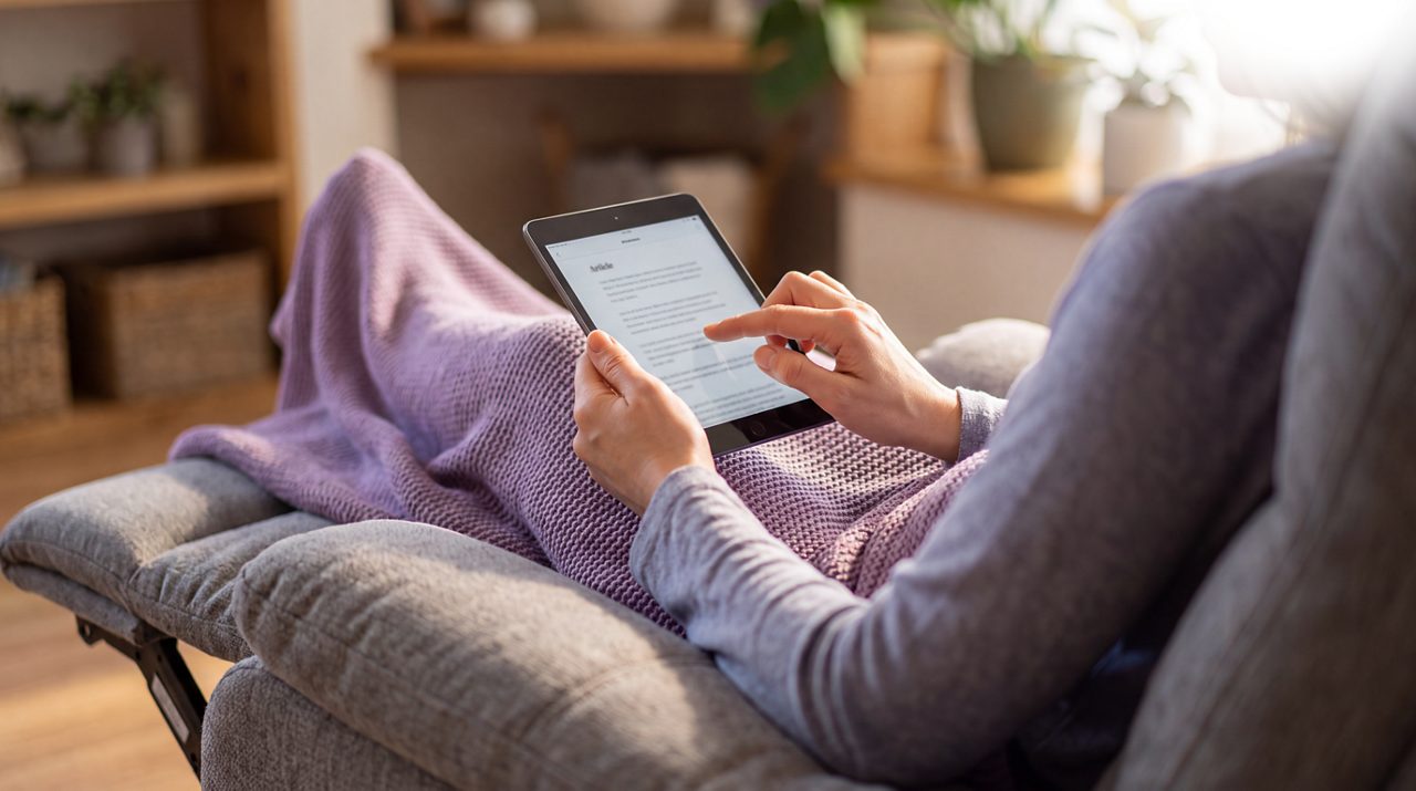 AI generated image of female cancer patient researching on tablet device.