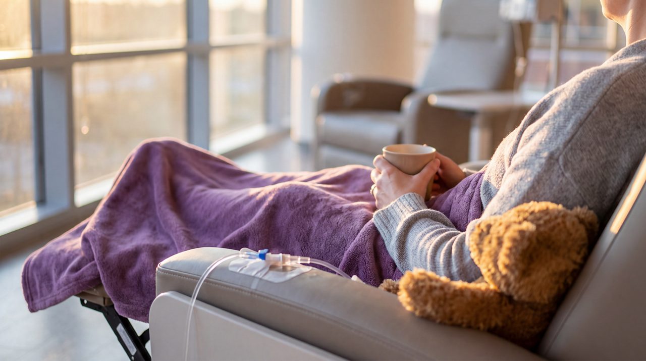 AI generated image of female cancer patient seated having chemotherapy.