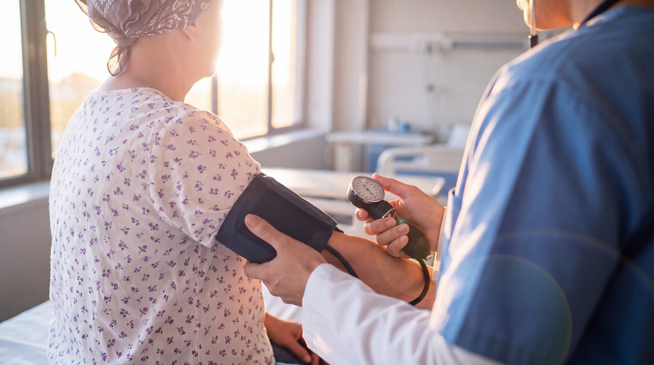AI generated image of female cancer patient and doctor taking blood pressure.