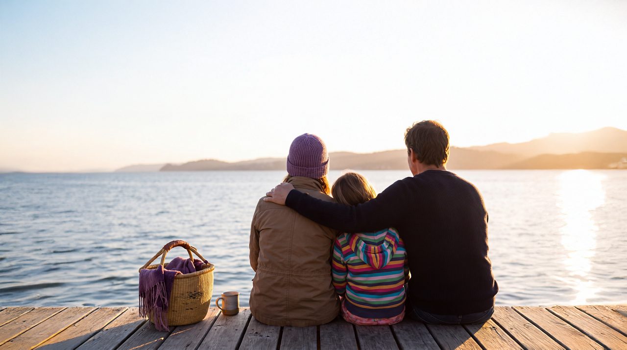 AI generated image of family on jetty looking out to sea.