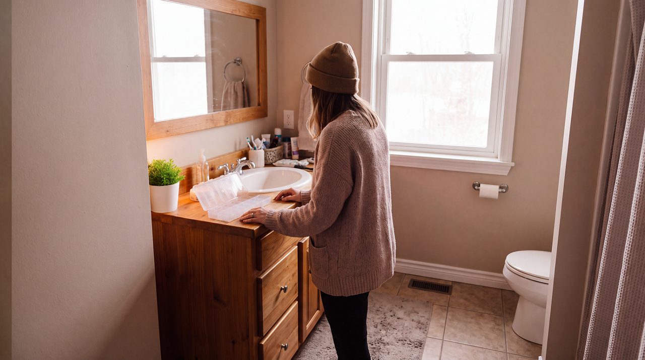 AI generated image of female cancer patient in bathroom.