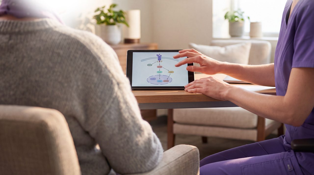 AI generated image of female nurse showing cancer patient a diagram of how targeted therpy works.