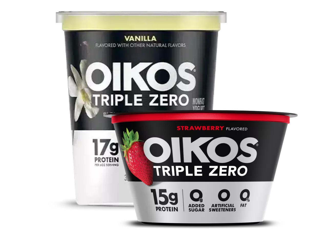 Two Oikos Triple Zero yogurt, which one is a vanilla quart and one is a strawberry cup