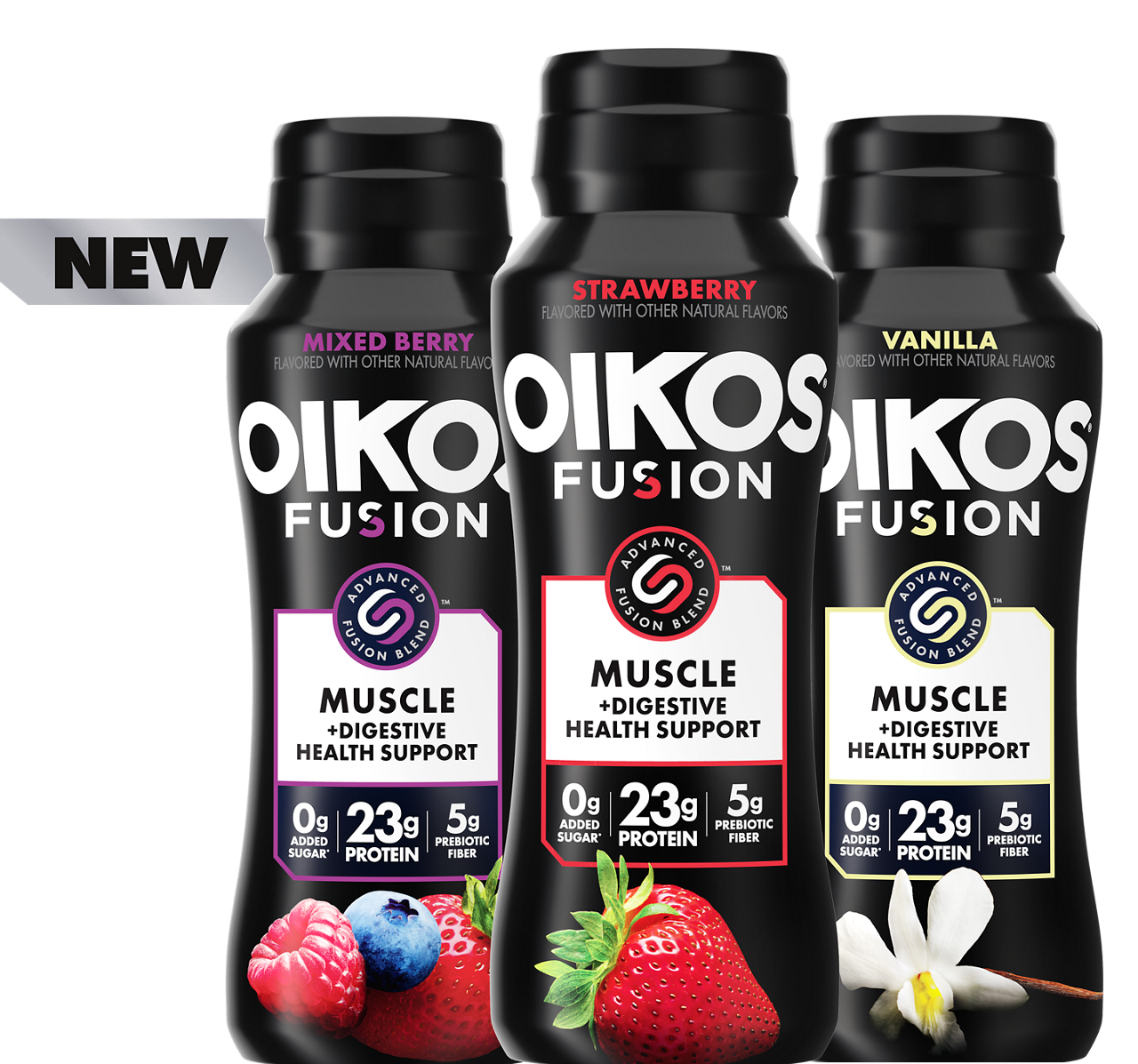 Three Oikos Fusion bottles are displayed featuring Mixed Berry, Strawberry, and Vanilla flavors. The packaging highlights 'Muscle + Digestive Health Support' with 23g protein and 5g fiber per serving. Fresh fruits and vanilla flower visuals complement the flavors, while the word 'NEW' is prominently visible.
