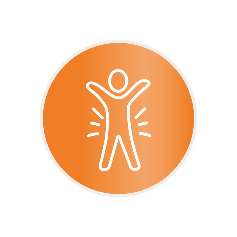 Oranje icoon met gestileerd menselijk figuur en stralingslijnen, symbool voor vitaliteit, gezondheid en welzijn