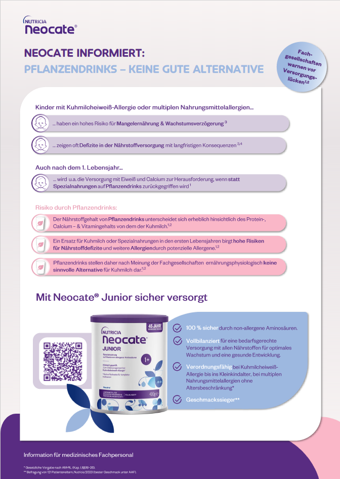 Informationsposter von Danone Nutricia erklärt Risiken von Pflanzendrinks für Allergiker und empfiehlt Neocate Junior.