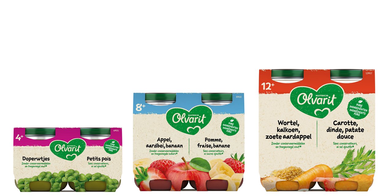 Olvarit babyvoeding met groente- en fruitrecepten voor baby's vanaf 4, 8 en 12 maanden.