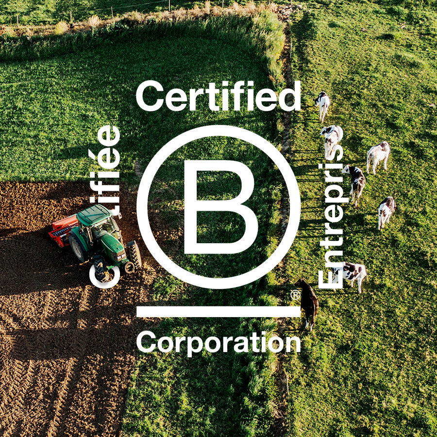 Vue aérienne d'un champ vert avec un tracteur à gauche, du bétail à droite et le sceau Certified B corp de Danone au premier plan.