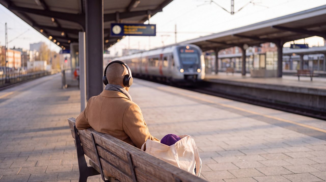 AI generated image of male cancer patient seated on station platform.