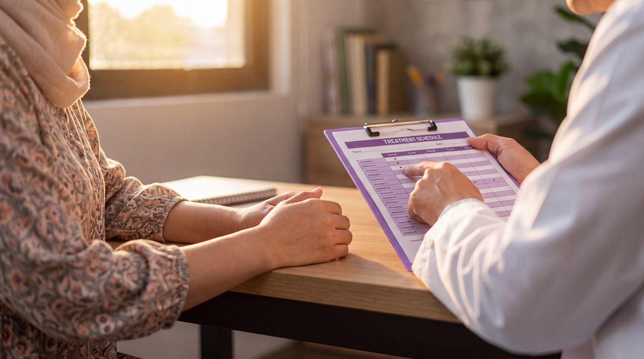AI generated image of doctor and patient discussing treatment schedule.