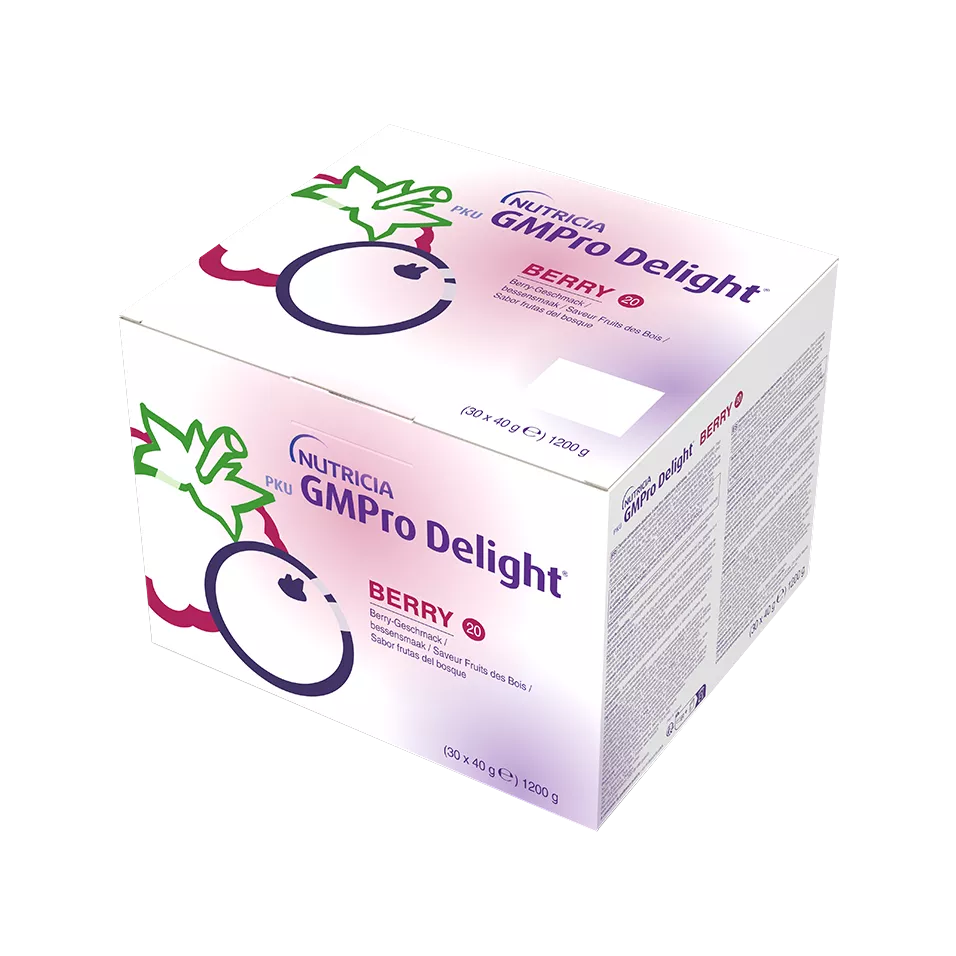 A Nutricia PKU GMPro Delight box featuring berry flavor. The packaging displays a vibrant berry illustration and clear product branding. Visible text includes 'Berry' and '1200 g' indicating the weight of the product. The box design is clean and professional.
