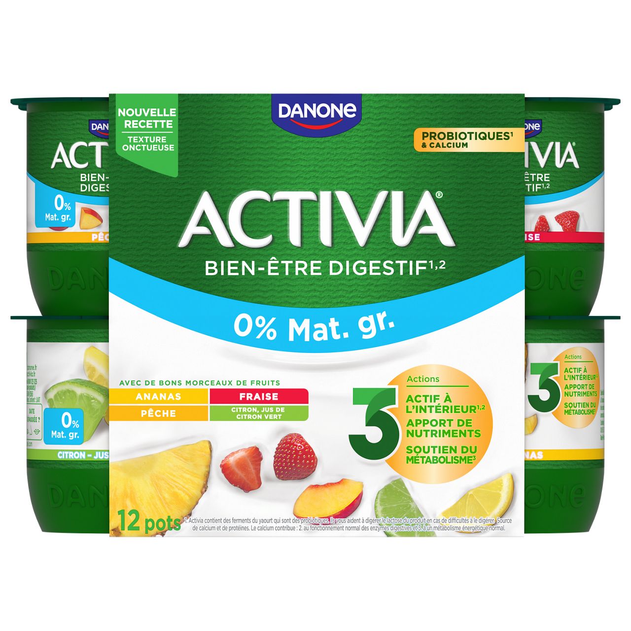 activia 0% fraise, pêche, ananas, citron