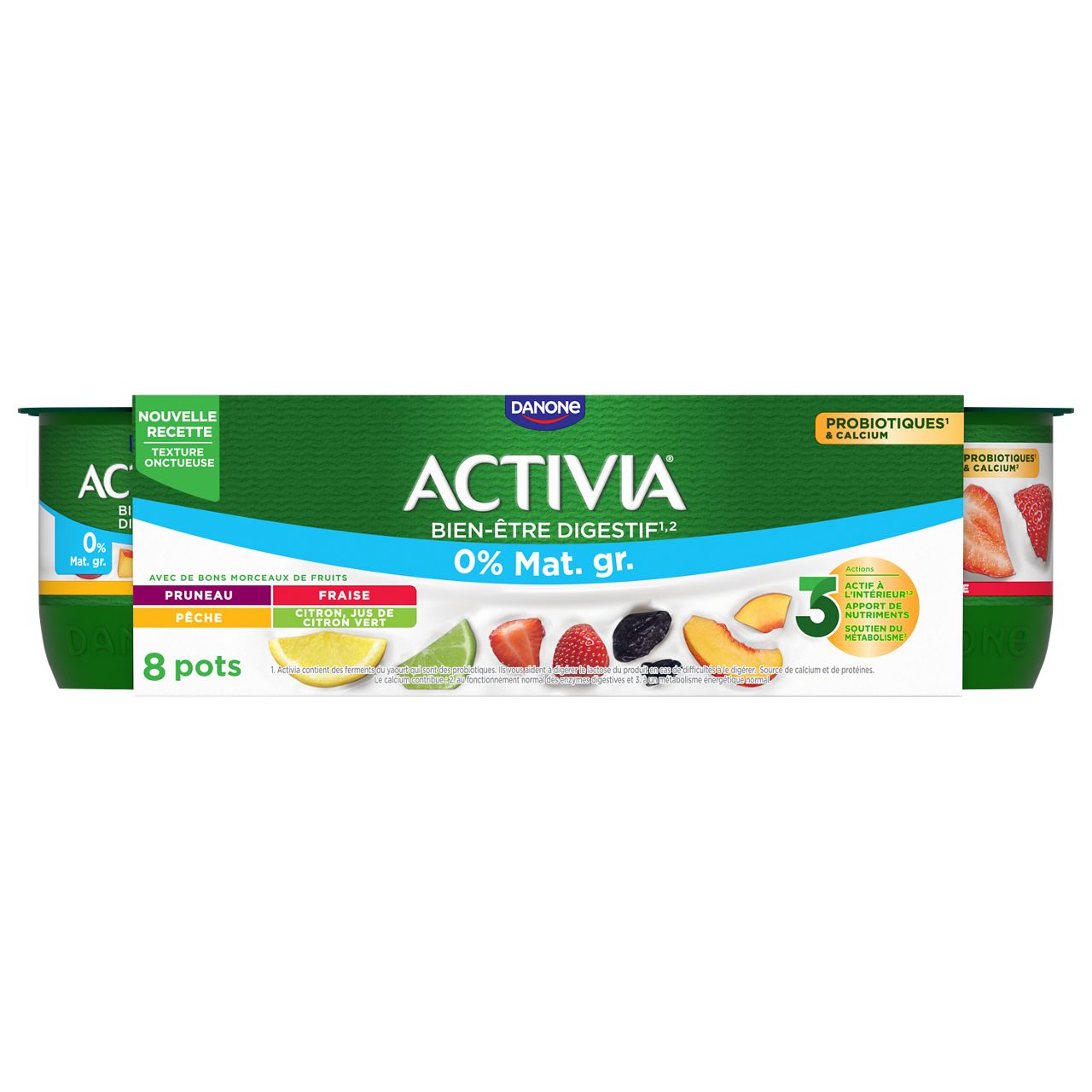 activia 0% pruneau, fraise, pêche, citron