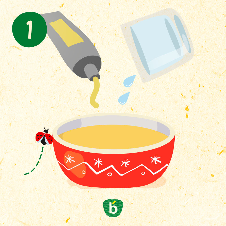 Illustration vivante representant un bol rouge a motifs rempli de soupe. Une bouteille verse un liquide et un verre d'eau est represente avec des gouttelettes. Une petite coccinelle ajoute une touche ludique a la scene et le chiffre � 1 � est clairement visible dans un cercle vert.