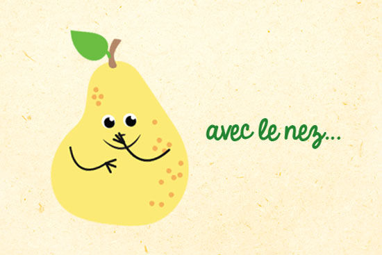 Illustration ludique d'une poire jaune avec des yeux et des mains de style cartoon, sur un fond beige texture. La poire presente de petites taches brunes et une feuille verte. Le texte fran�ais � avec le nez... � appara�t en vert, ajoutant une touche fantaisiste.