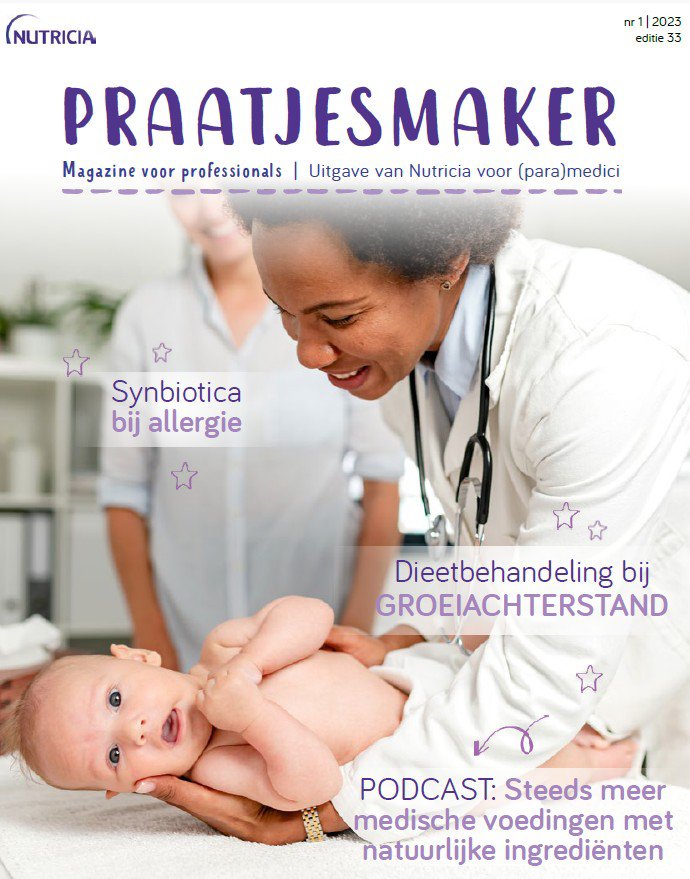 Cover van Praatjesmaker magazine voor zorgprofessionals over allergie, groeiachterstand en medische voeding bij kinderen.