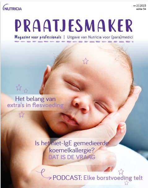 Cover van Praatjesmaker magazine voor zorgprofessionals over flesvoeding, koemelkallergie en borstvoeding.