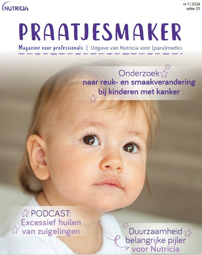 Cover van Praatjesmaker magazine voor zorgprofessionals met artikelen over kanker bij kinderen, excessief huilen en duurzaamheid.