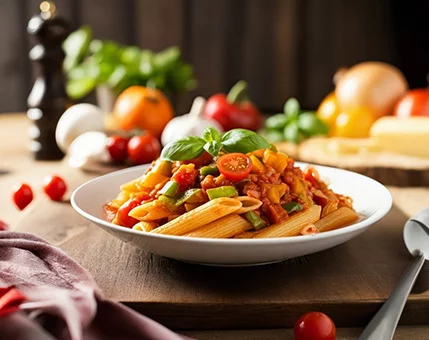 A bowl of penne pasta topped with vibrant vegetables and garnished with fresh basil sits on a wooden table. The setting includes ripe tomatoes, onions, and basil leaves, evoking a rustic kitchen atmosphere. Warm lighting enhances the natural colors of the dish, creating a cozy and appetizing mood.
