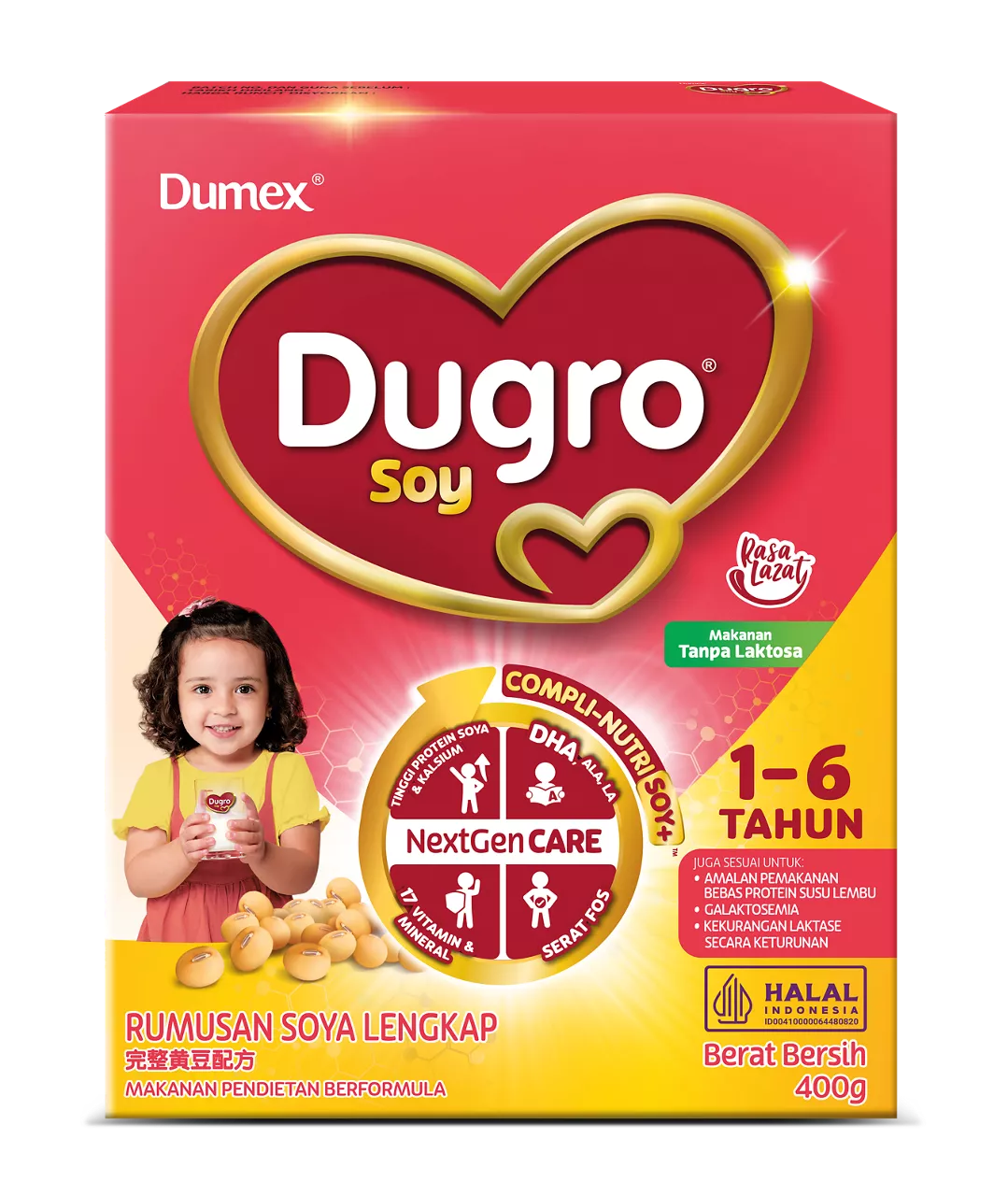 Front view of a Dumex Dugro Soy formula box designed for young children. The red and yellow pack features a large heart graphic, a smiling toddler holding a cup, and soybeans at the bottom. Text highlights benefits such as DHA, NextGenCARE, and suitability for ages 1–6 years, with a note on being lactose-free. Additional information includes halal certification and a net weight of 400g.