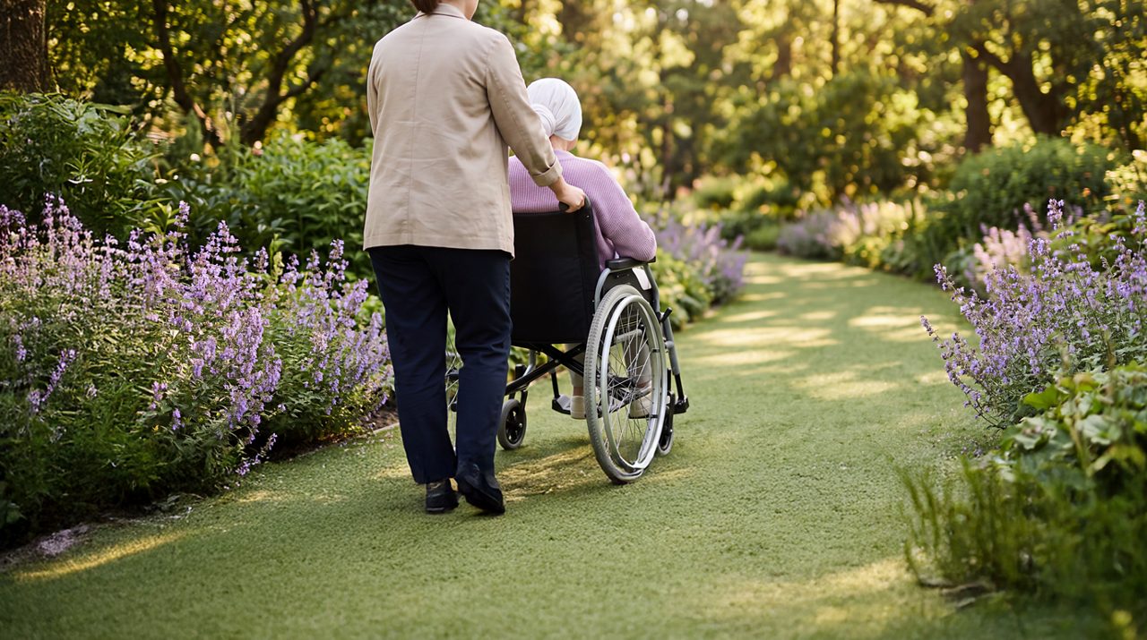 AI generated image of female carer pushing cancer patient in wheelchair