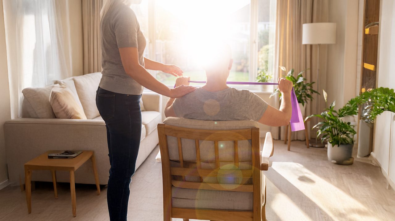 AI generated image of female helping friend to exercise.