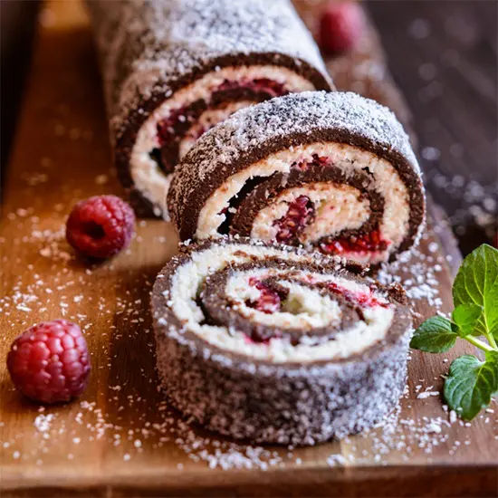 Chocolate raspberry roll with cream filling