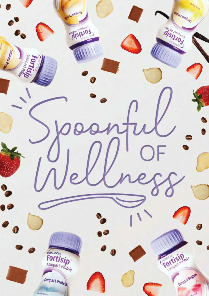 Fortisip Compact Protein bottles with fruit and ingredient pieces surrounding the text “Spoonful of Wellness” on a white background