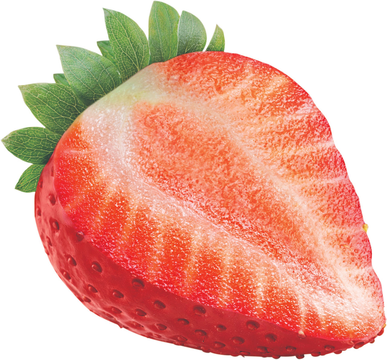 Ripe perfect strawberry cross cut isolated on white background.