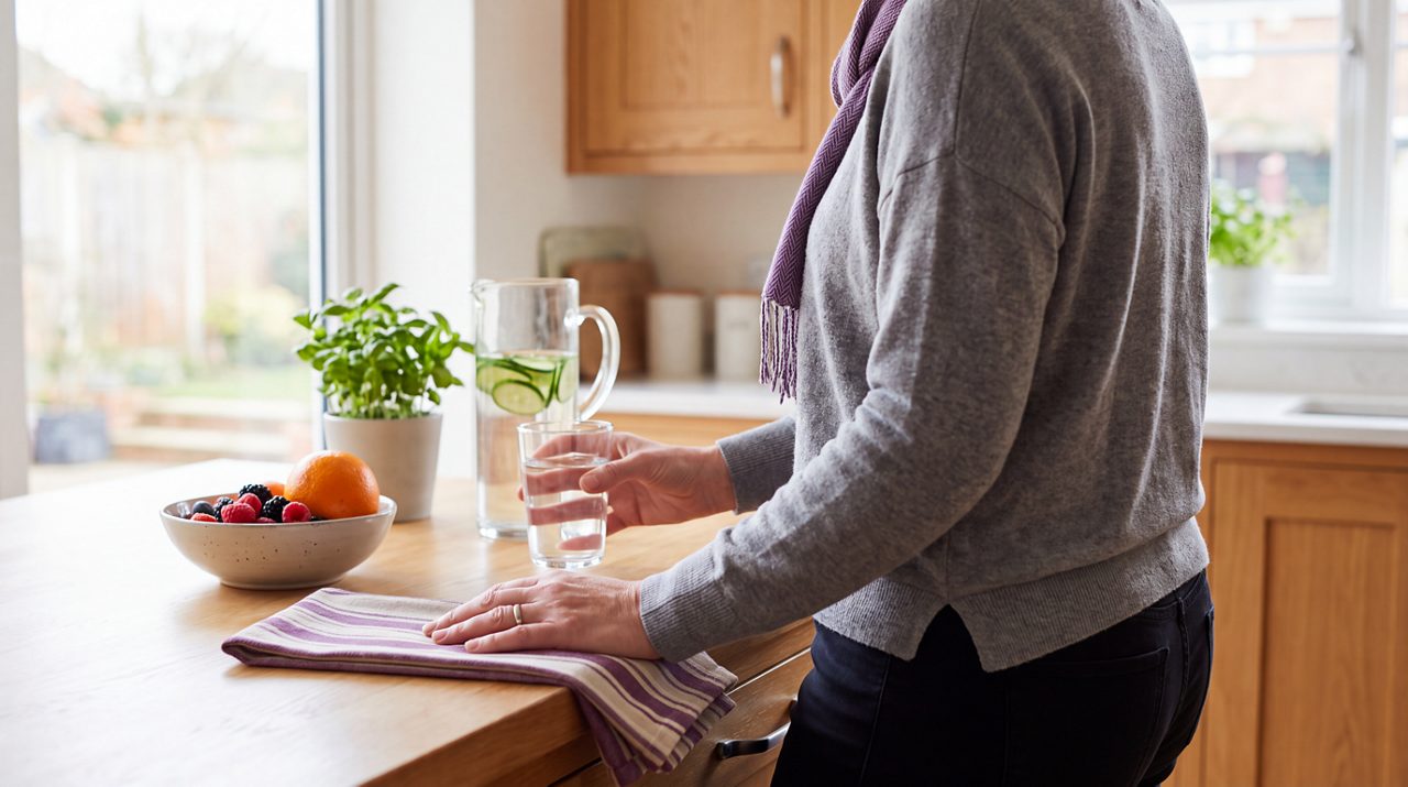 Ai generated image of female drinking a glass of water standing in kitchen.