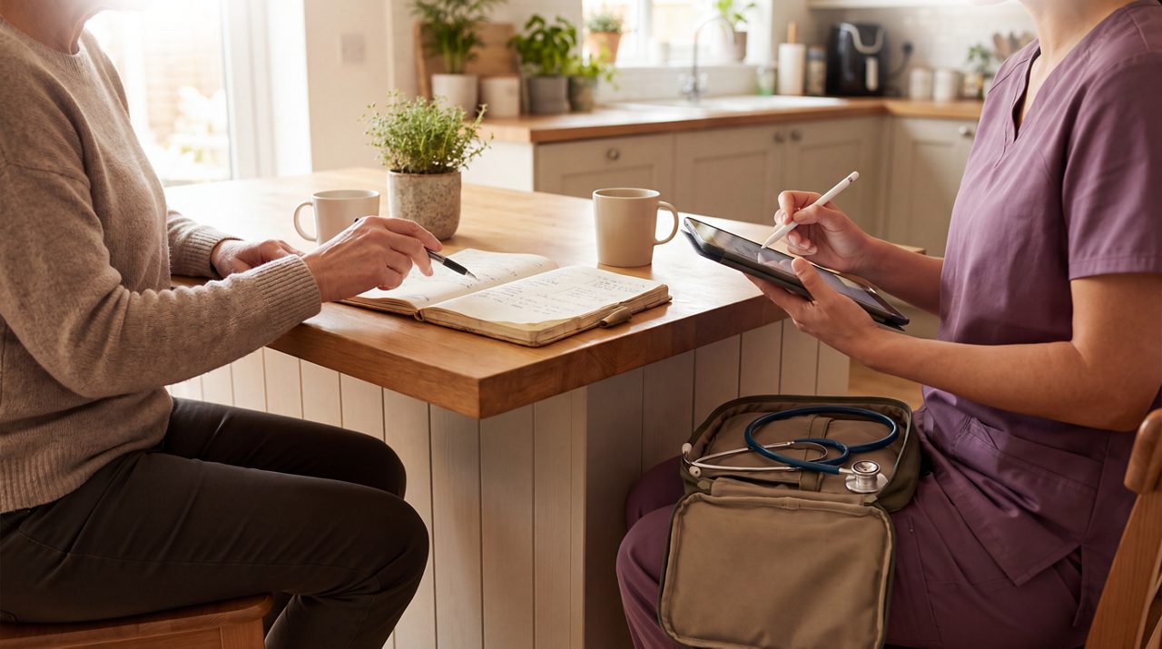 AI generated image of nurse anfd female cancer patient talking at the kitchen table