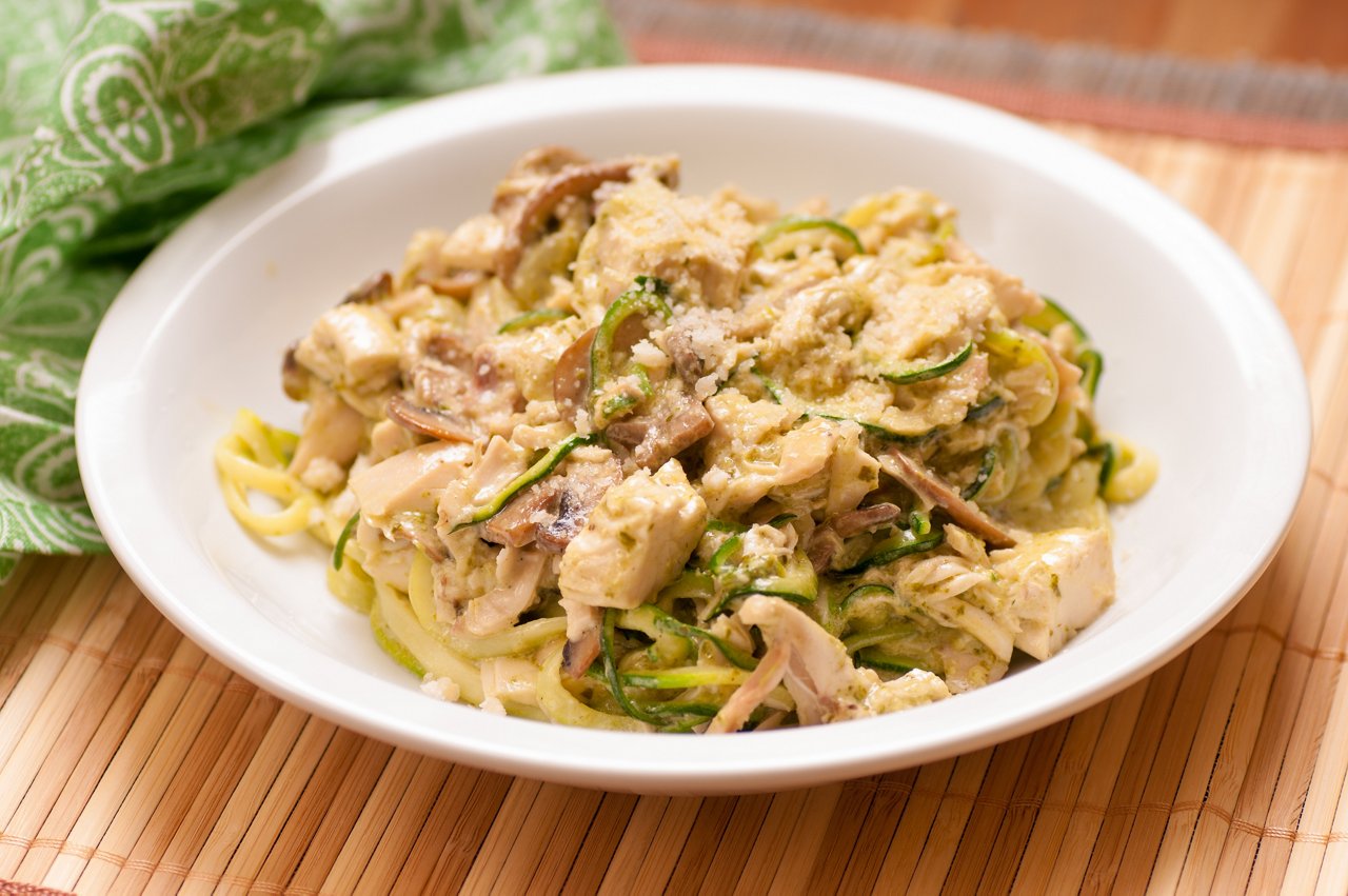 creamy chicken alfredo with zucchini noodles , a ketogenic diet meal