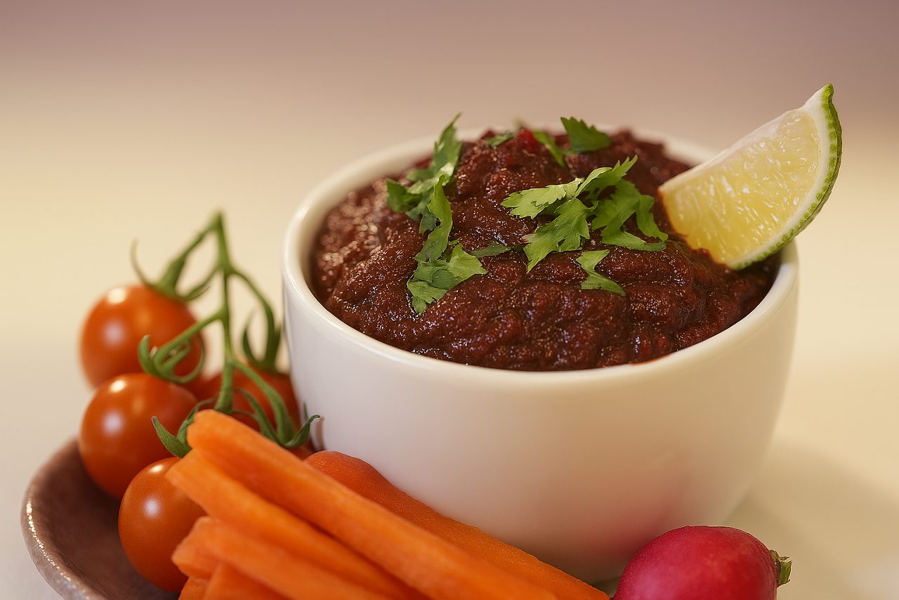 Colorful layered vegetable salads in glass cups with peas, carrots and leafy greens.