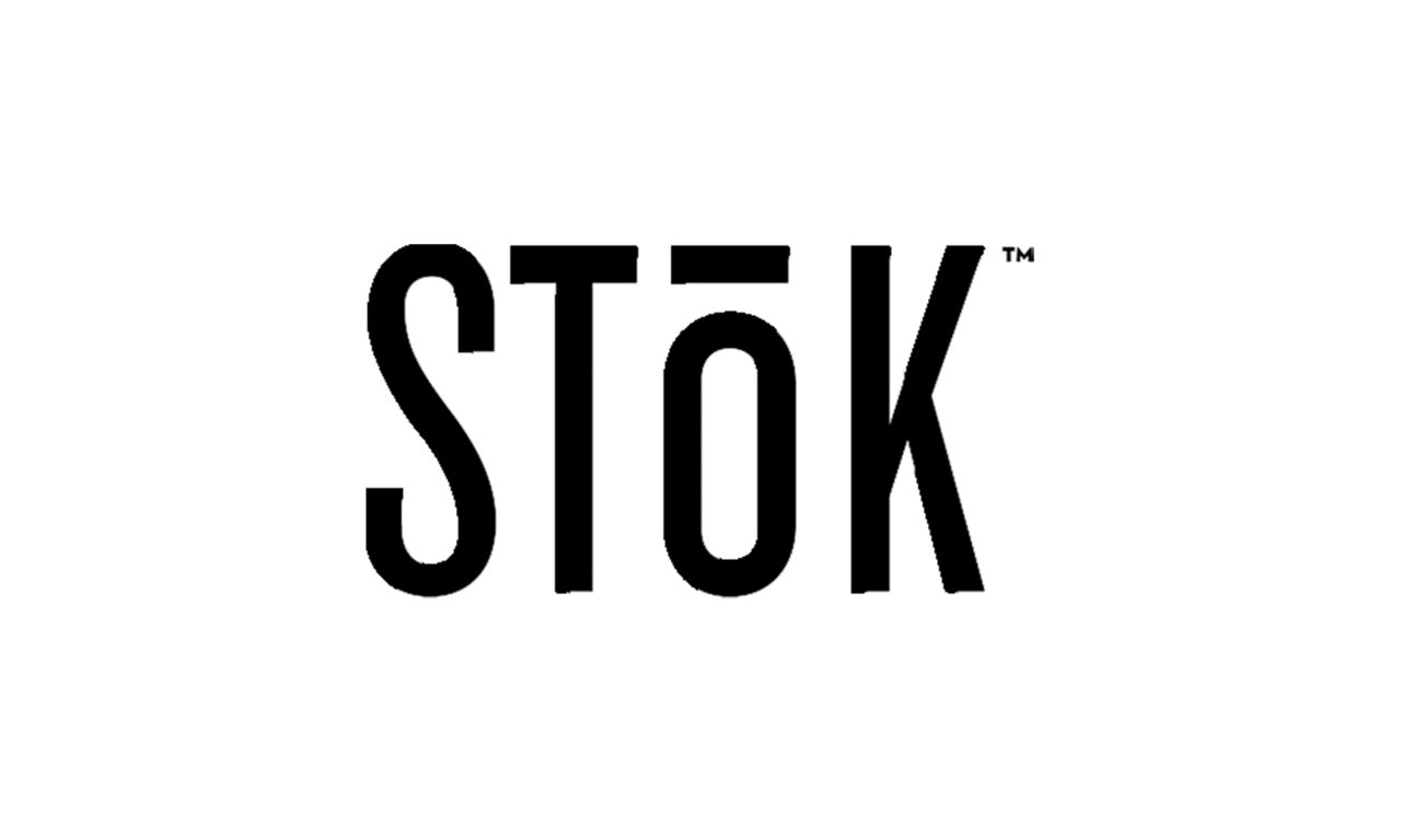 Stok logo, with bold black letters and a modern design. 