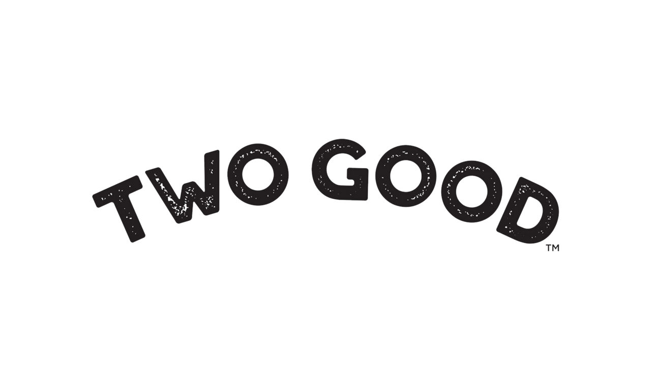 Two Good logo, with playful black letters and a textured background.