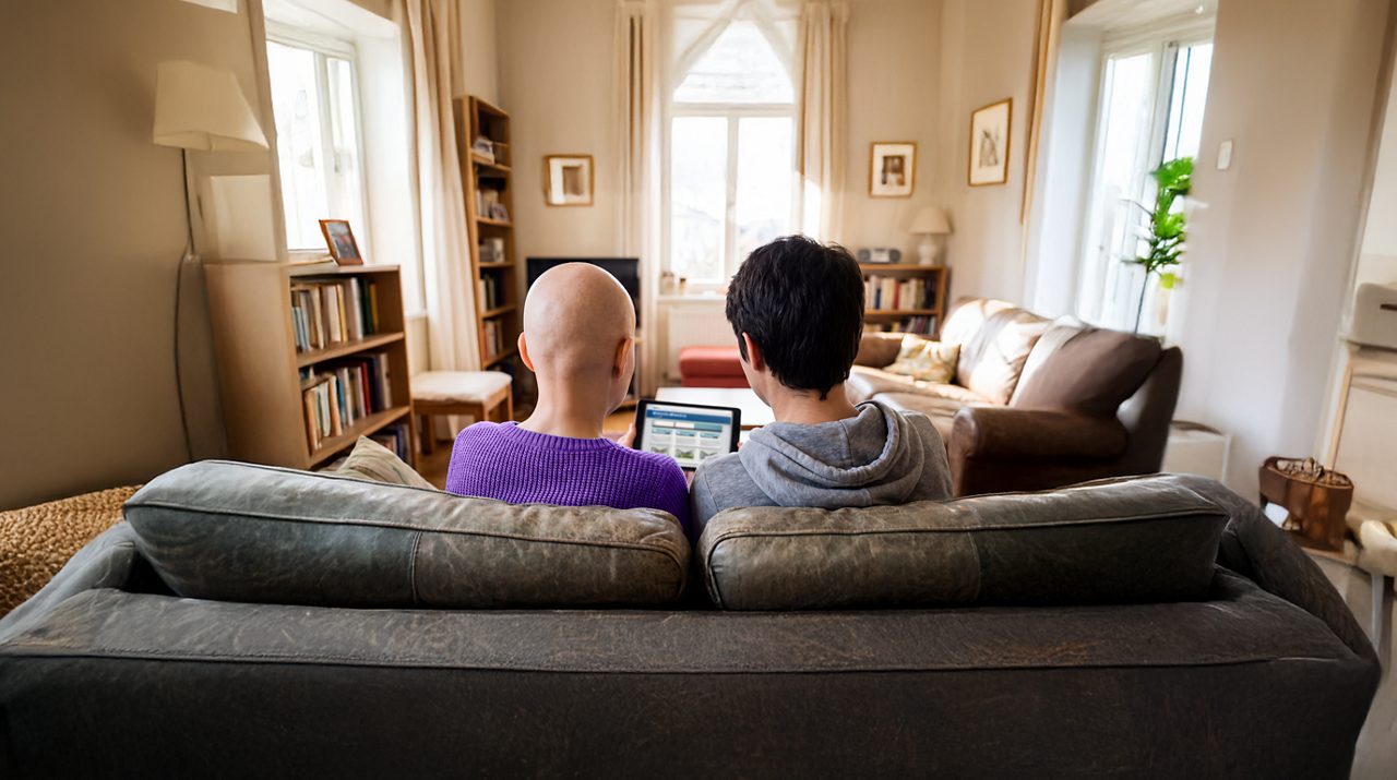 AI generated image of female cancer patient seated looking at tablet with a male friend.