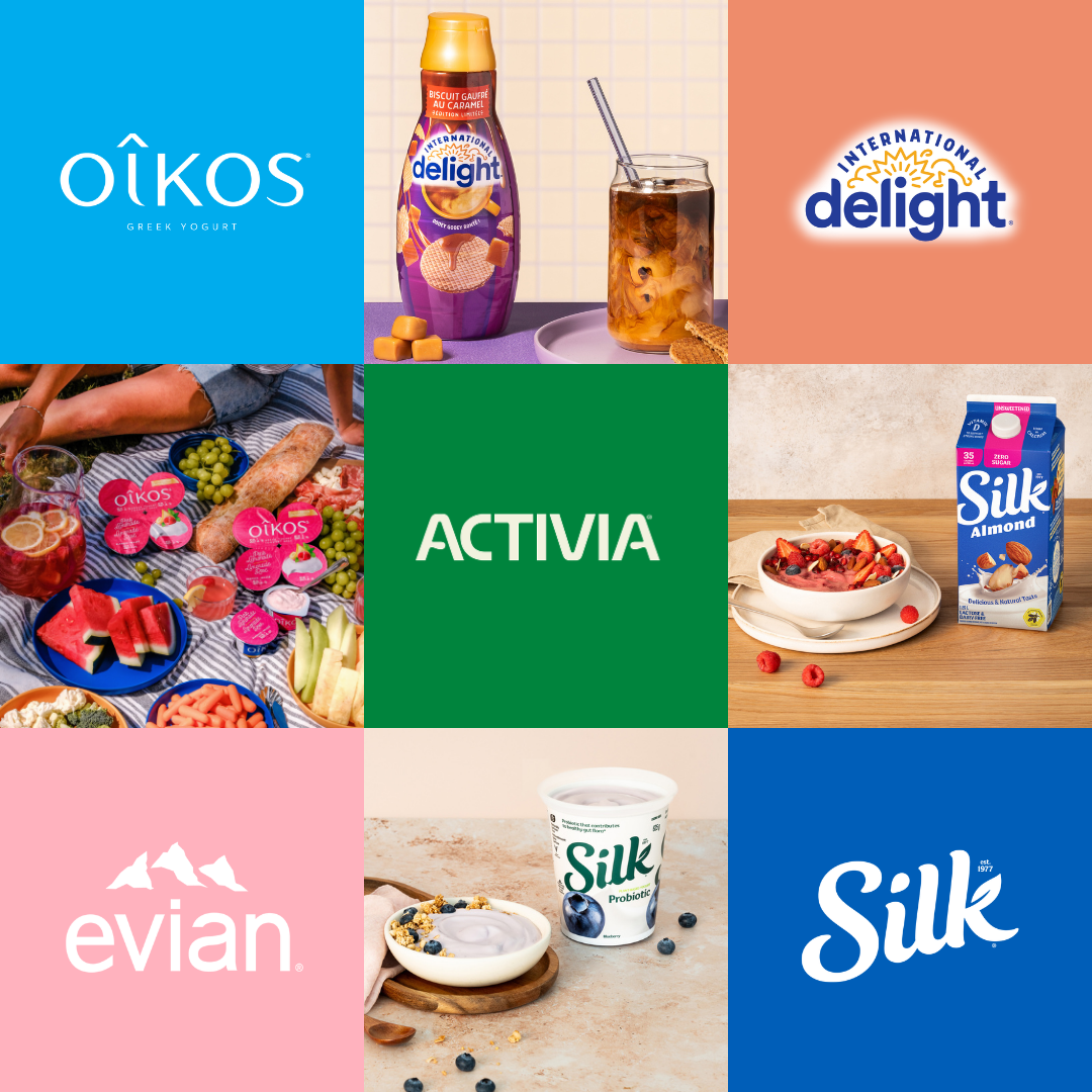 Mosaïque avec les logos de neuf marques différentes de Danone Canada.