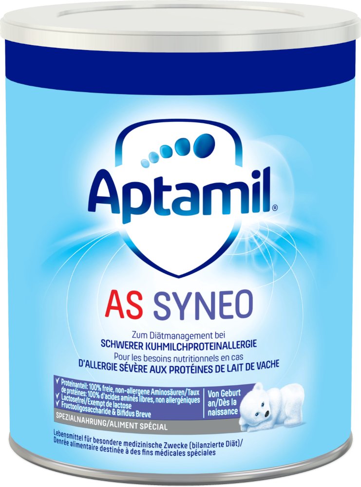 Die Dose Aptamil AS SYNEO eignet sich zur Ernährung bei schwerer Kuhmilchproteinallergie ab Geburt.
