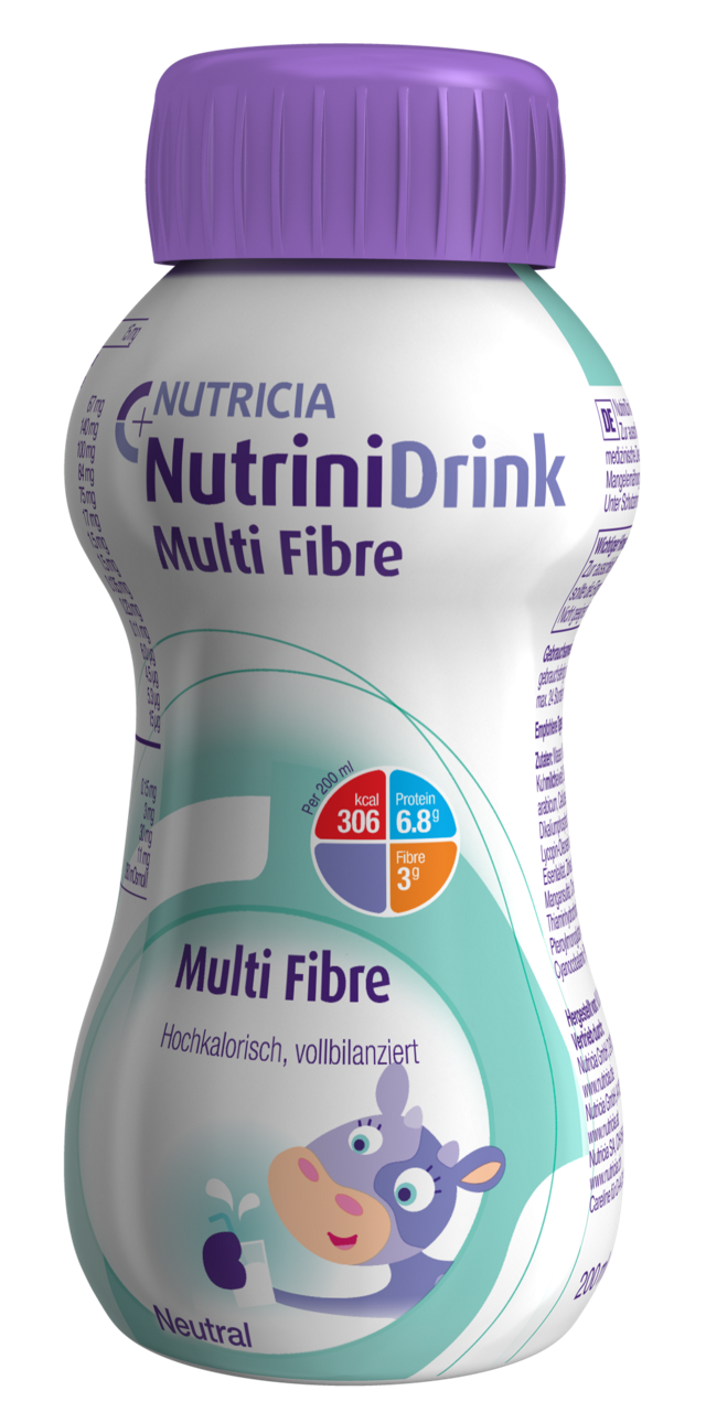 Nutrinidrink Multi Fibre nevtralen okus – visokokalorično, popolnoma uravnoteženo mlečno živilo z vlakninami, brez glutena in laktoze, primerno za prehransko podporo pri bolezensko pogojeni podhranjenosti
