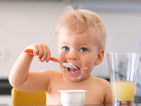 Toddler sitting at the table, eating yoghurt