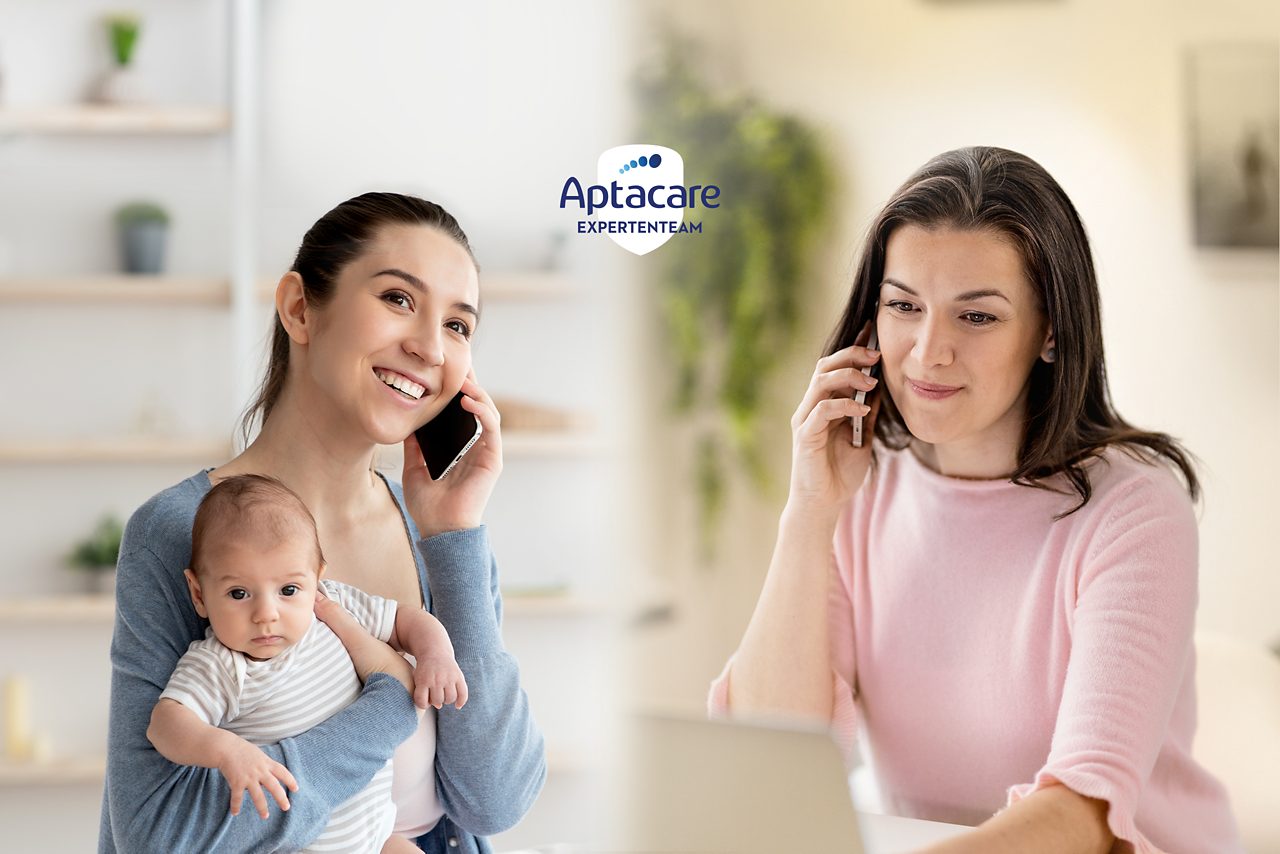 Mama ruft bei Aptacare an und haelt Baby auf dem Arm