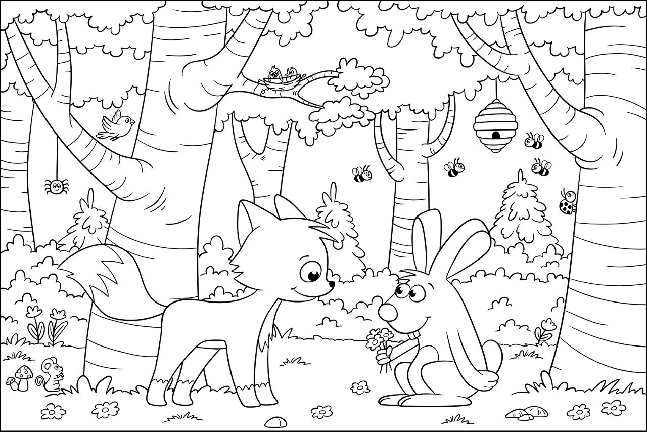 Malvorlage Waldtiere mit Hase und Fuchs im Wald