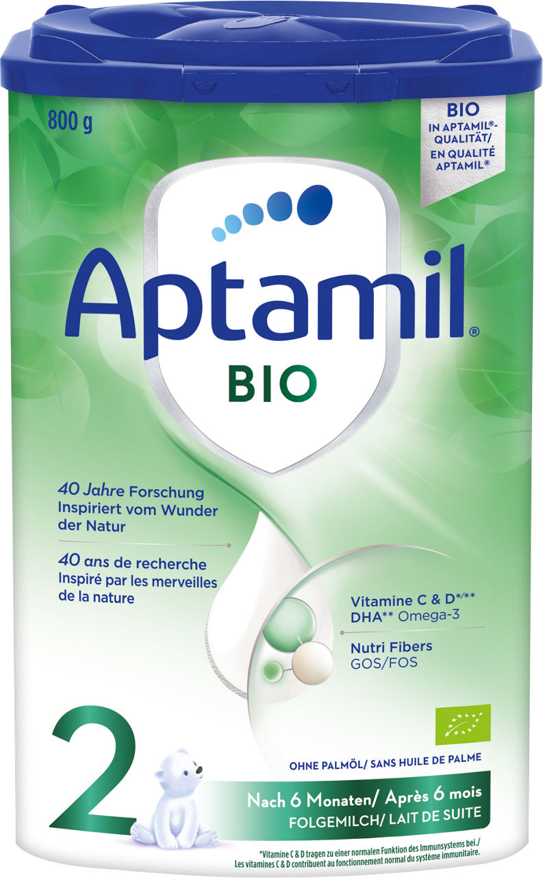 Aptamil Bio Folgemilch ab 6 Monaten in 800g-Dose mit Bärenmotiv und Hinweisen zu Vitamin C, D, DHA und GOS/FOS.