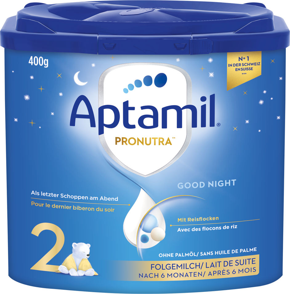 Die Verpackung von Aptamil Pronutra Good Night Folgemilch 2 mit Reisflocken für Babys ab sechs Monaten ist abgebildet.