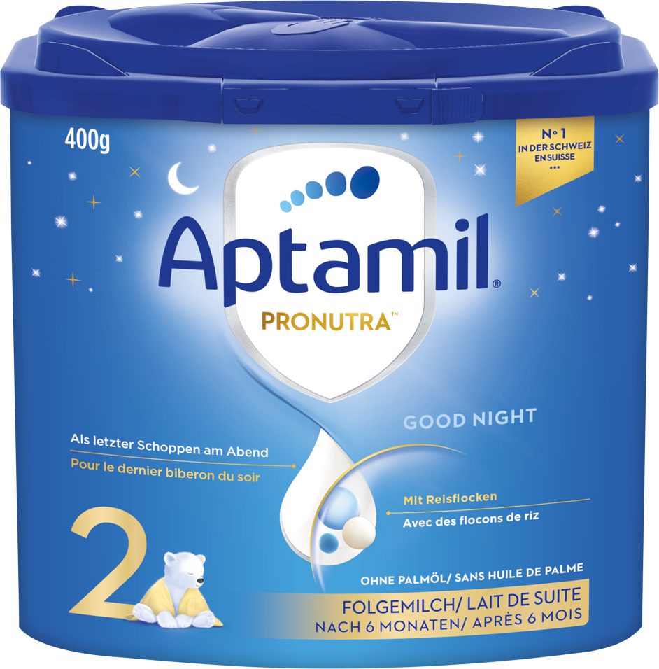 Die Verpackung von Aptamil Pronutra Good Night Folgemilch 2 mit Reisflocken für Babys ab sechs Monaten ist abgebildet.