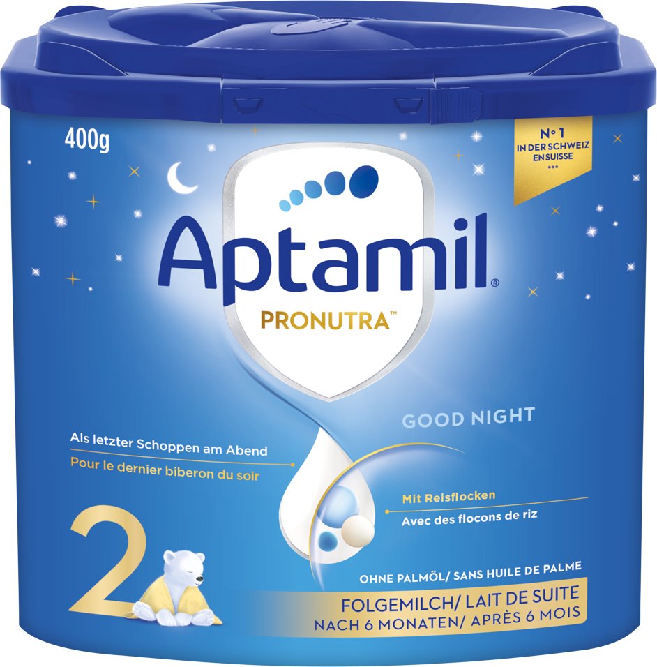 Die Verpackung von Aptamil Pronutra Good Night Folgemilch 2 mit Reisflocken für Babys ab sechs Monaten ist abgebildet.