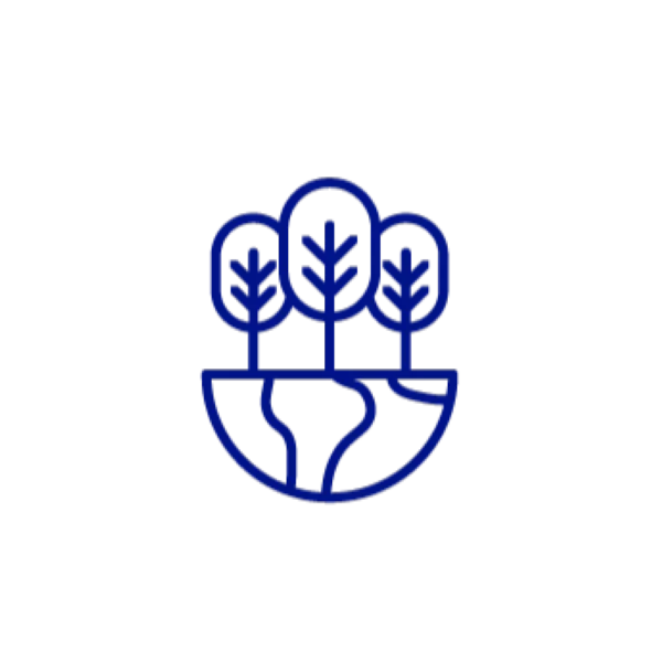 Icône représentant des arbres au-dessus d’une Terre stylisée, symbole de la nature et de la durabilité.