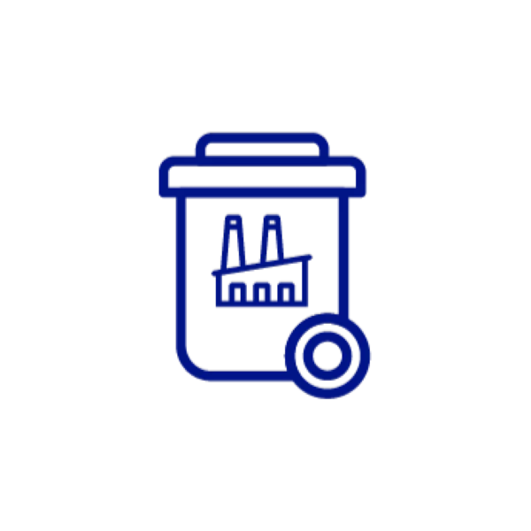 Icoon van een afvalcontainer met fabriekssymbool, symbool voor industrieel afval en afvalbeheer